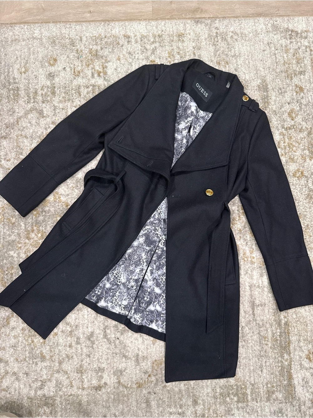 GUESS Black Trench Coat with Gold-Tone Buttons